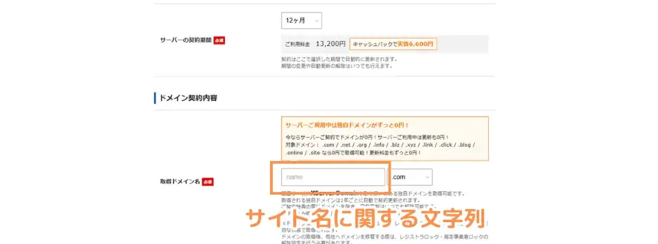 EP サーバーの契約期間を選び取得するドメインを入力する