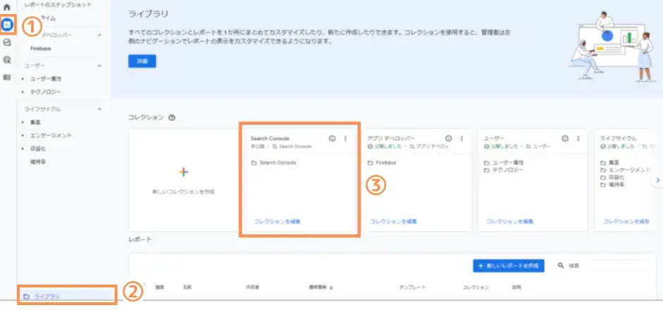 1.GA4左メニュー「レポート」→「ライブラリ」を表示